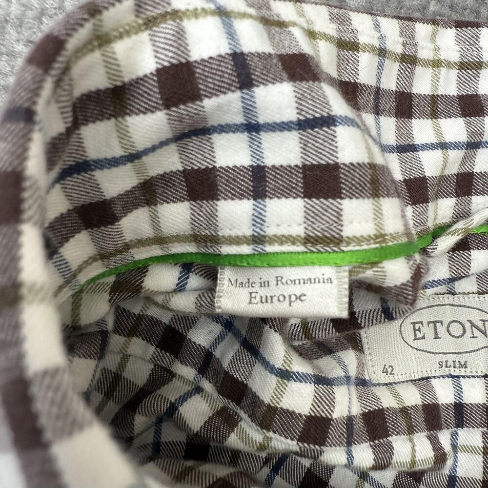 Eton Shirt Mens 16.5 42 Slim Brown Green Check Plaid Button Down Long Sleeve - Picture 5 of 12